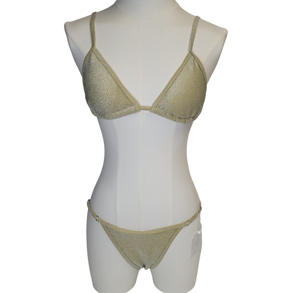 Gold Sparkle Triangle Bikini Set Two Piece Swimsuit Halter Beach Pool Fun